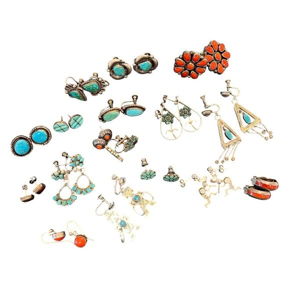 Lot Of 17 Earrings Southwest Vin Turquoise and Coral Opal Silver Earring Sets - Picture 1 of 7